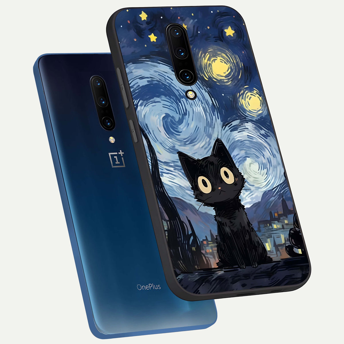  Van Gogh Cat phone case For OnePlus 7 Pro showing premium glass back cover with detailed artwork
