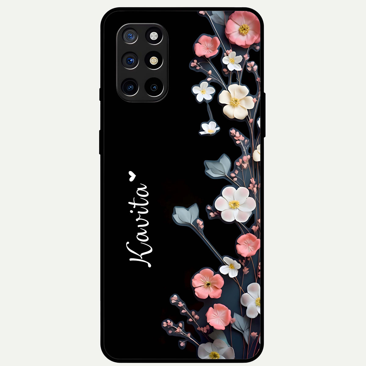  Black Elegance Floral Custom Name Glass Case For OnePlus 8T back cover – full design glossy printed glass finish