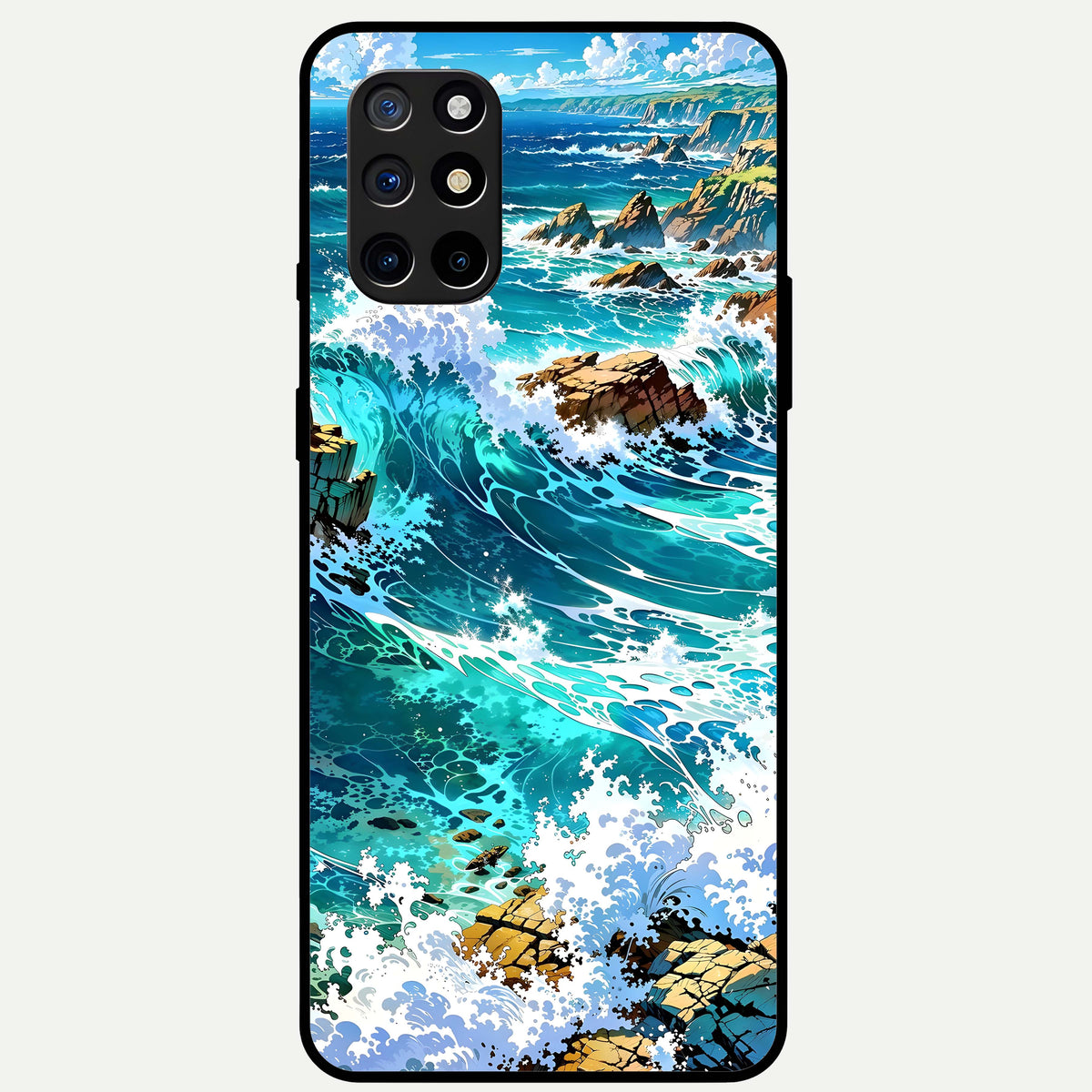 Coastal Blue Waves Glass Case For OnePlus 8T back cover – full design glossy printed glass finish