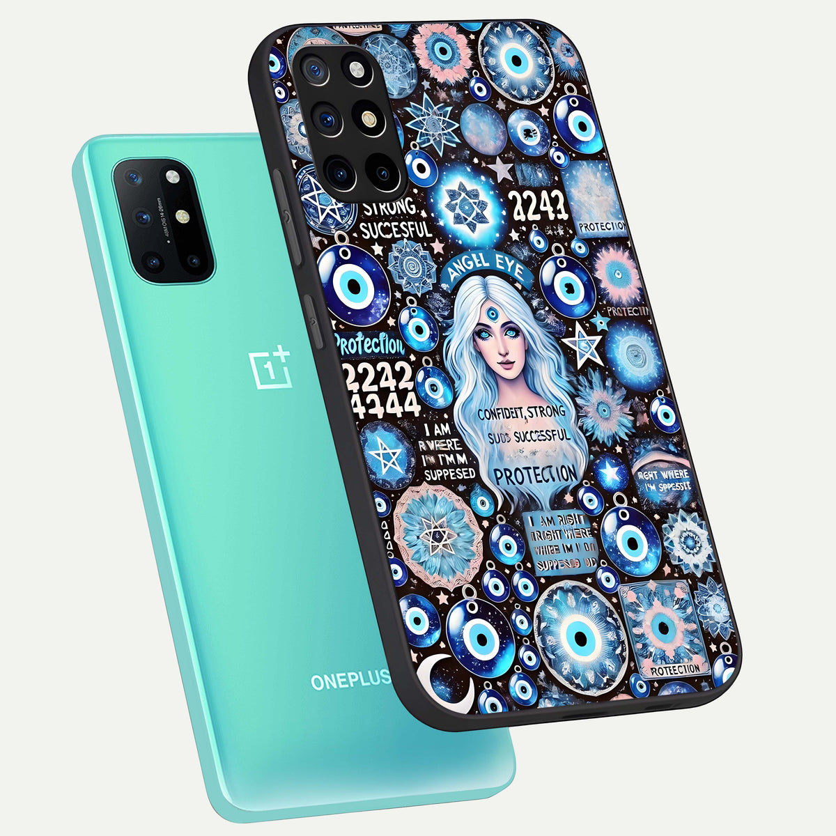  Angel Aura Shield phone case For OnePlus 8T showing premium glass back cover with detailed artwork