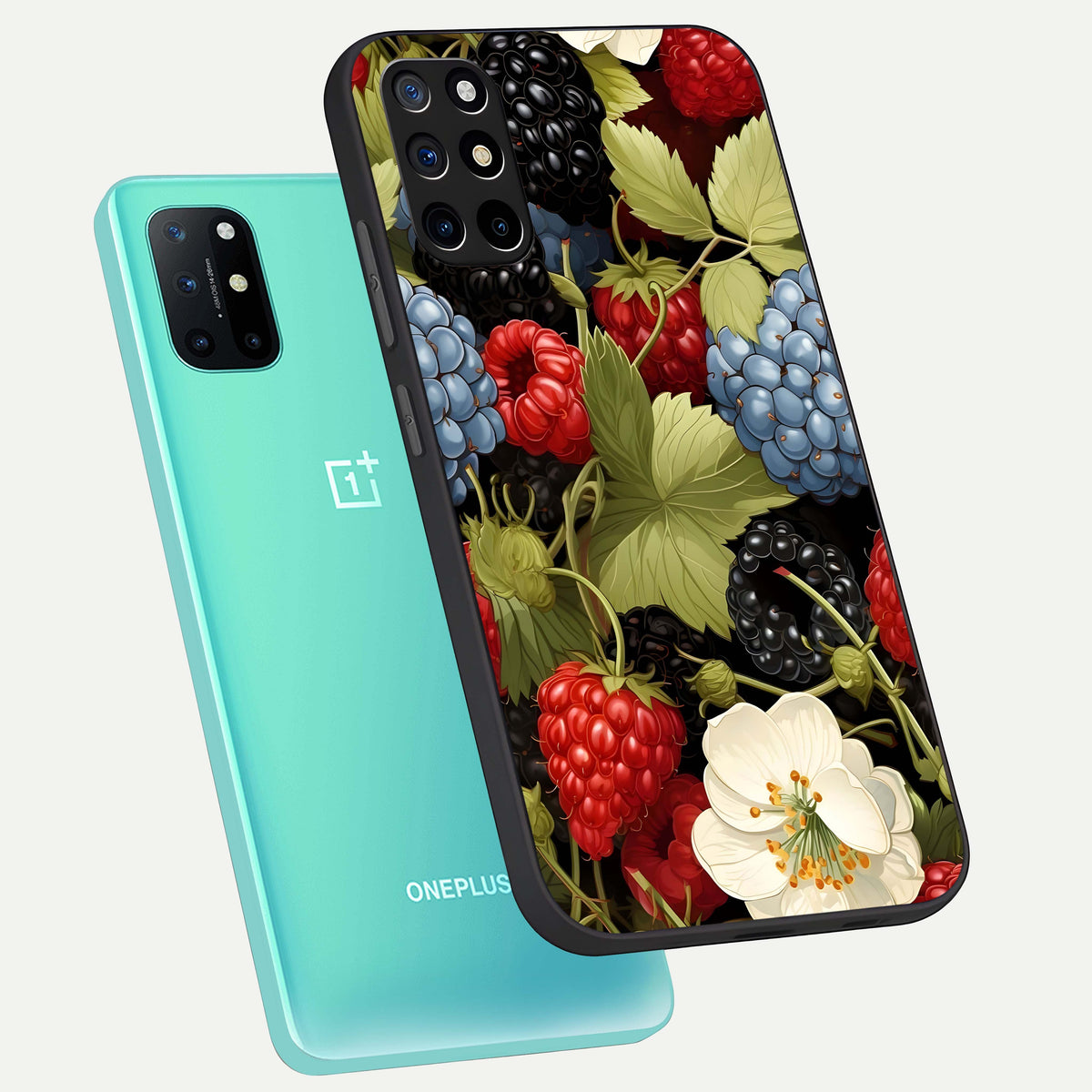  Berry Bloom Charm phone case For OnePlus 8T showing premium glass back cover with detailed artwork