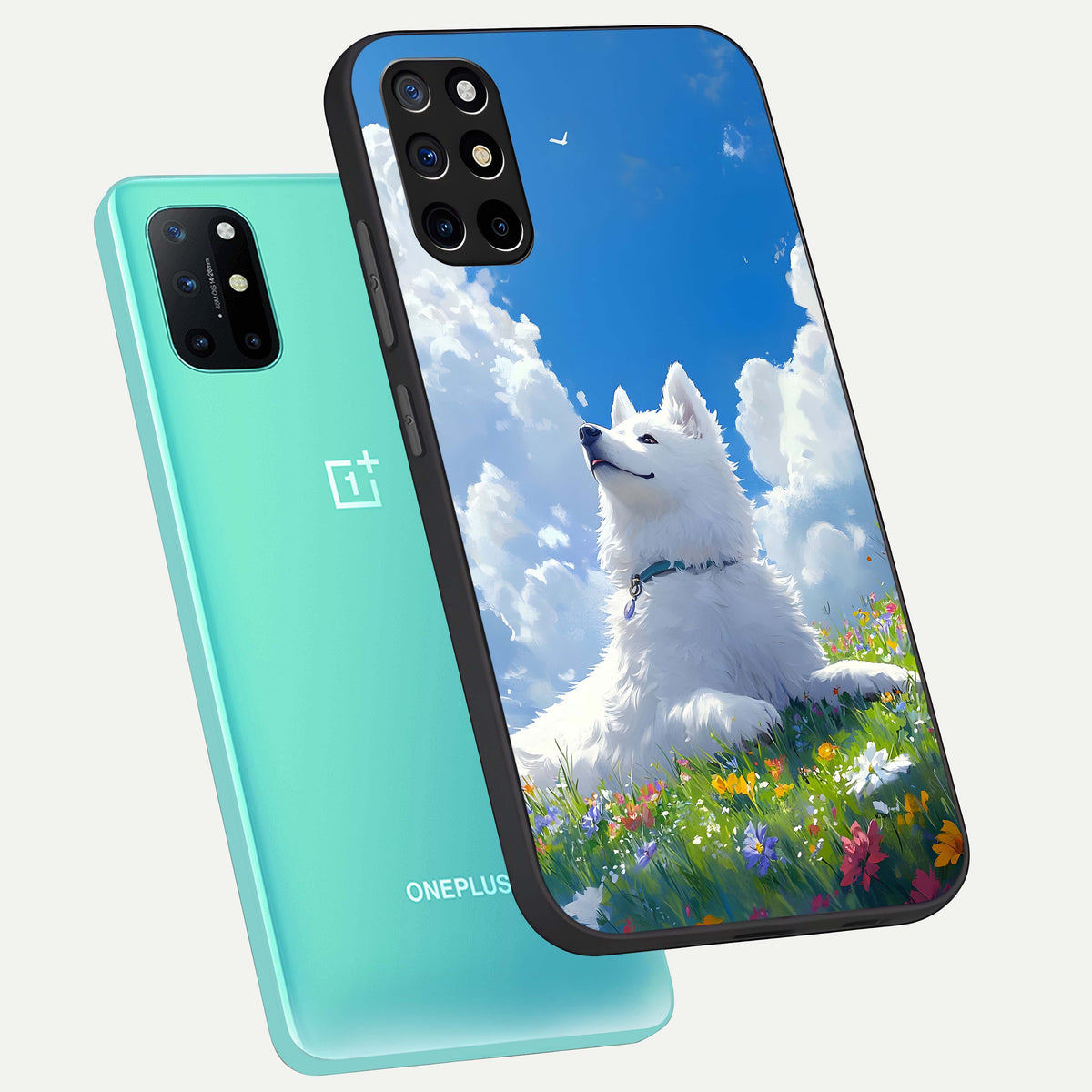 Blissful Cloud Pup phone case For OnePlus 8T showing premium glass back cover with detailed artwork