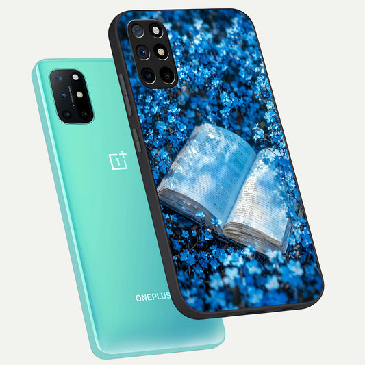  Blue Bloom Tales phone case For OnePlus 8T showing premium glass back cover with detailed artwork