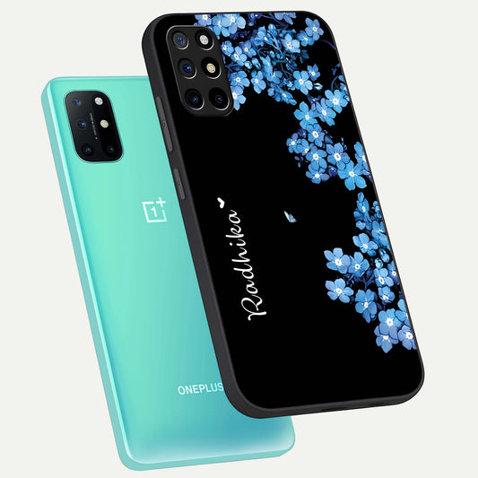  Blue Petal Dream Custom Name phone case For OnePlus 8T showing premium glass back cover with detailed artwork