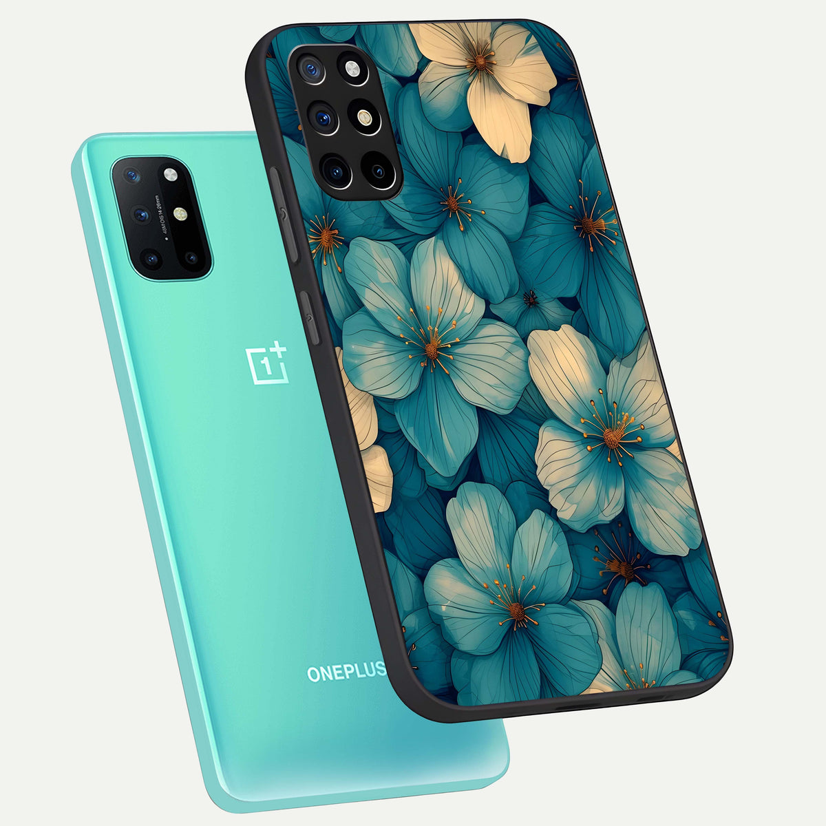  Blue Shade Floral phone case For OnePlus 8T showing premium glass back cover with detailed artwork