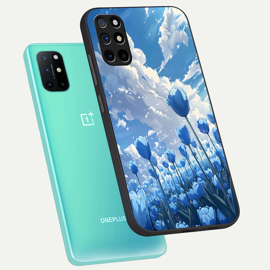  Blue Tulip Clouds phone case For OnePlus 8T showing premium glass back cover with detailed artwork