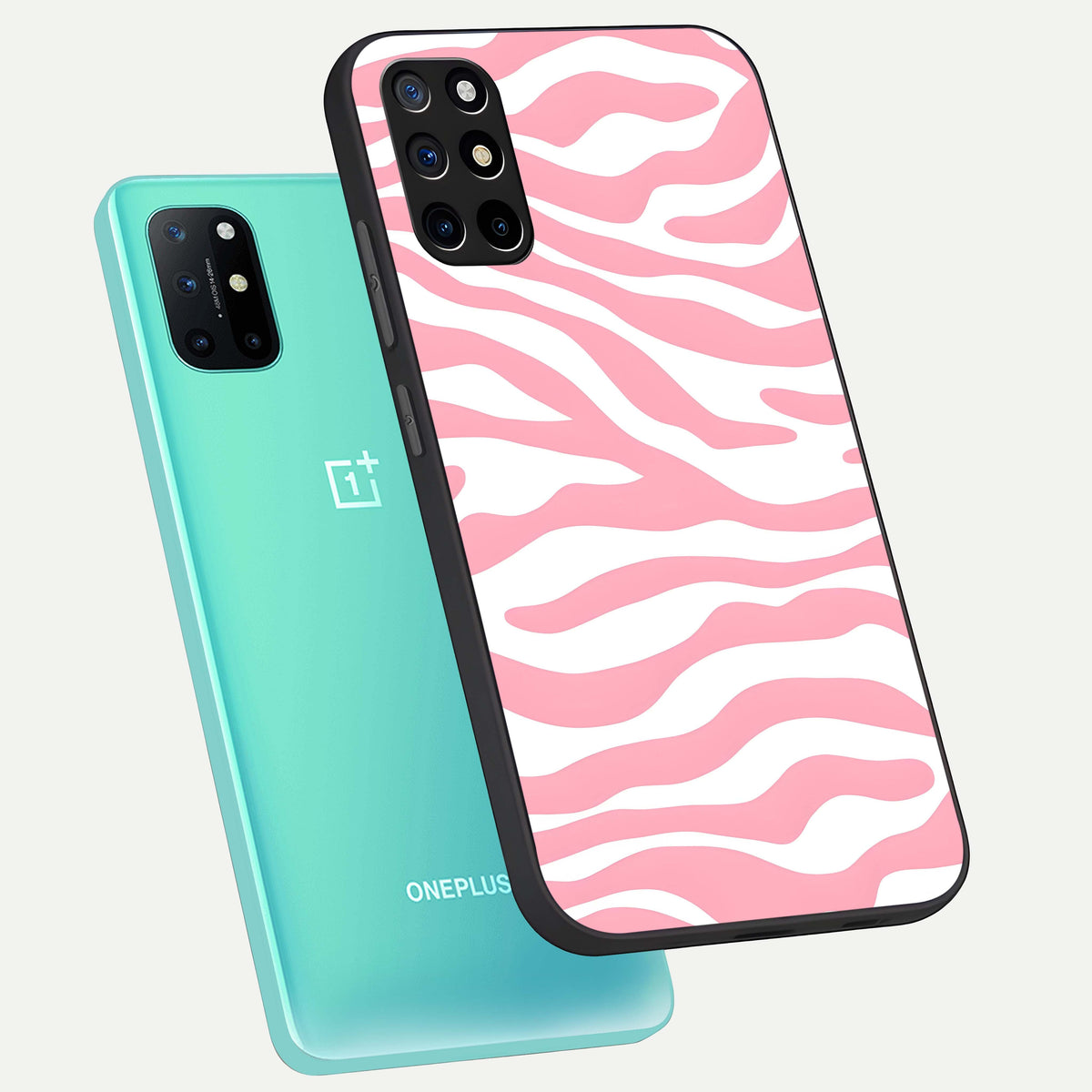  Blush Zebra Flow phone case For OnePlus 8T showing premium glass back cover with detailed artwork