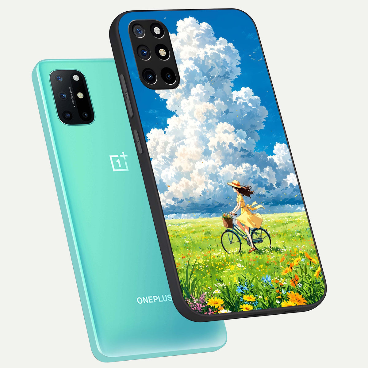  Breezy Meadow Ride phone case For OnePlus 8T showing premium glass back cover with detailed artwork