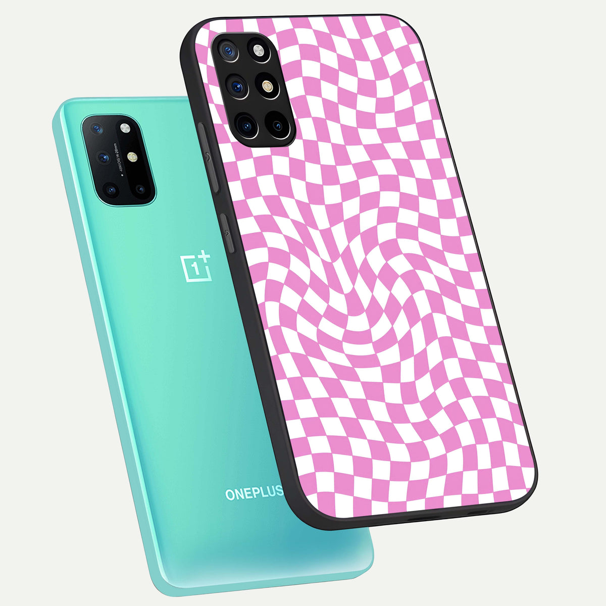  Bubblegum Check Wave phone case For OnePlus 8T showing premium glass back cover with detailed artwork