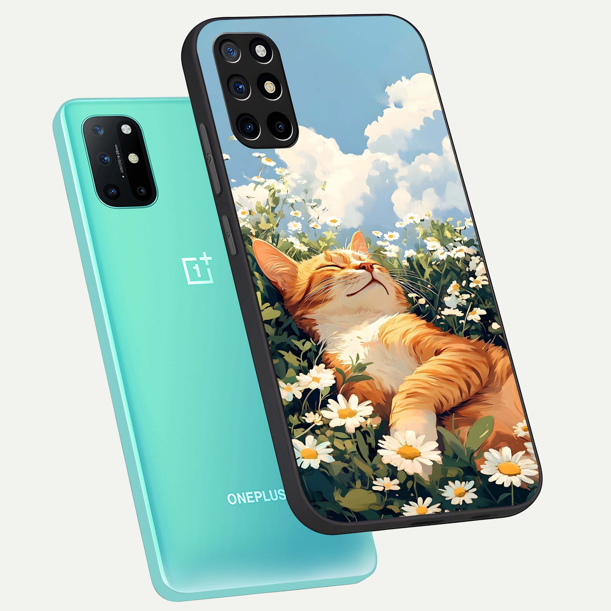  Cat And Flowers View phone case For OnePlus 8T showing premium glass back cover with detailed artwork