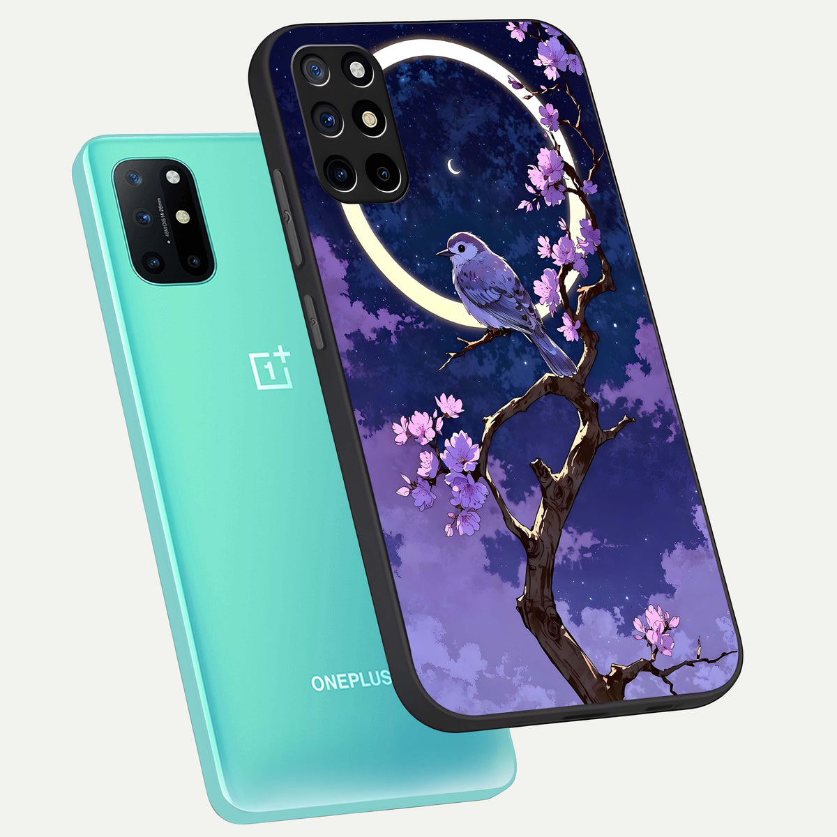  Celestial Bird Blossom phone case For OnePlus 8T showing premium glass back cover with detailed artwork