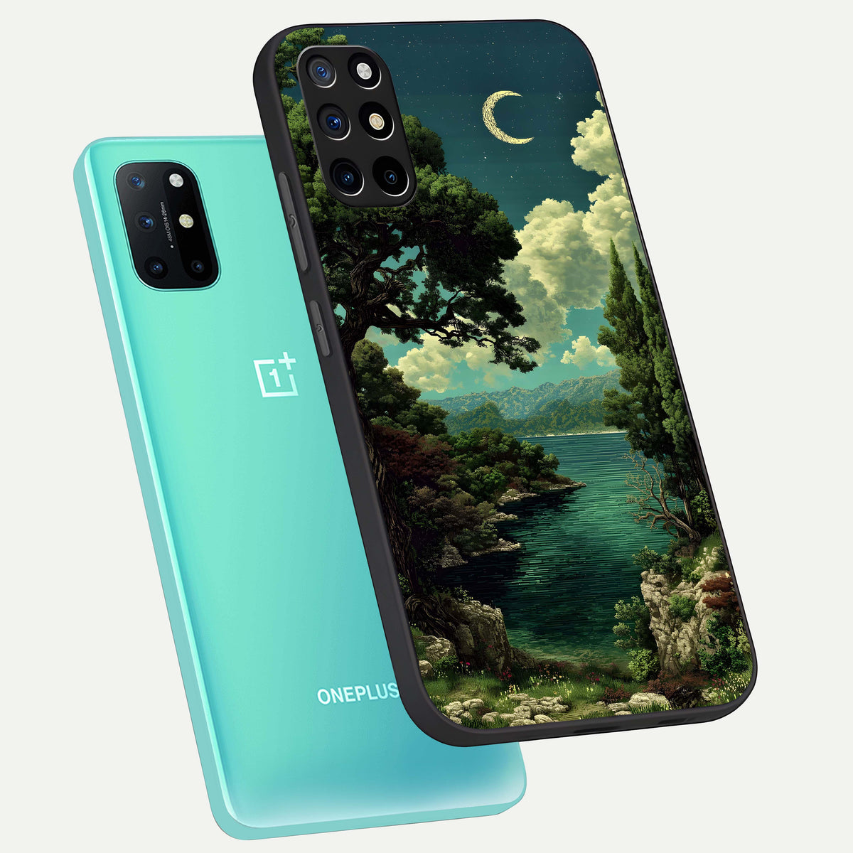  Celestial Lake Peace phone case For OnePlus 8T showing premium glass back cover with detailed artwork