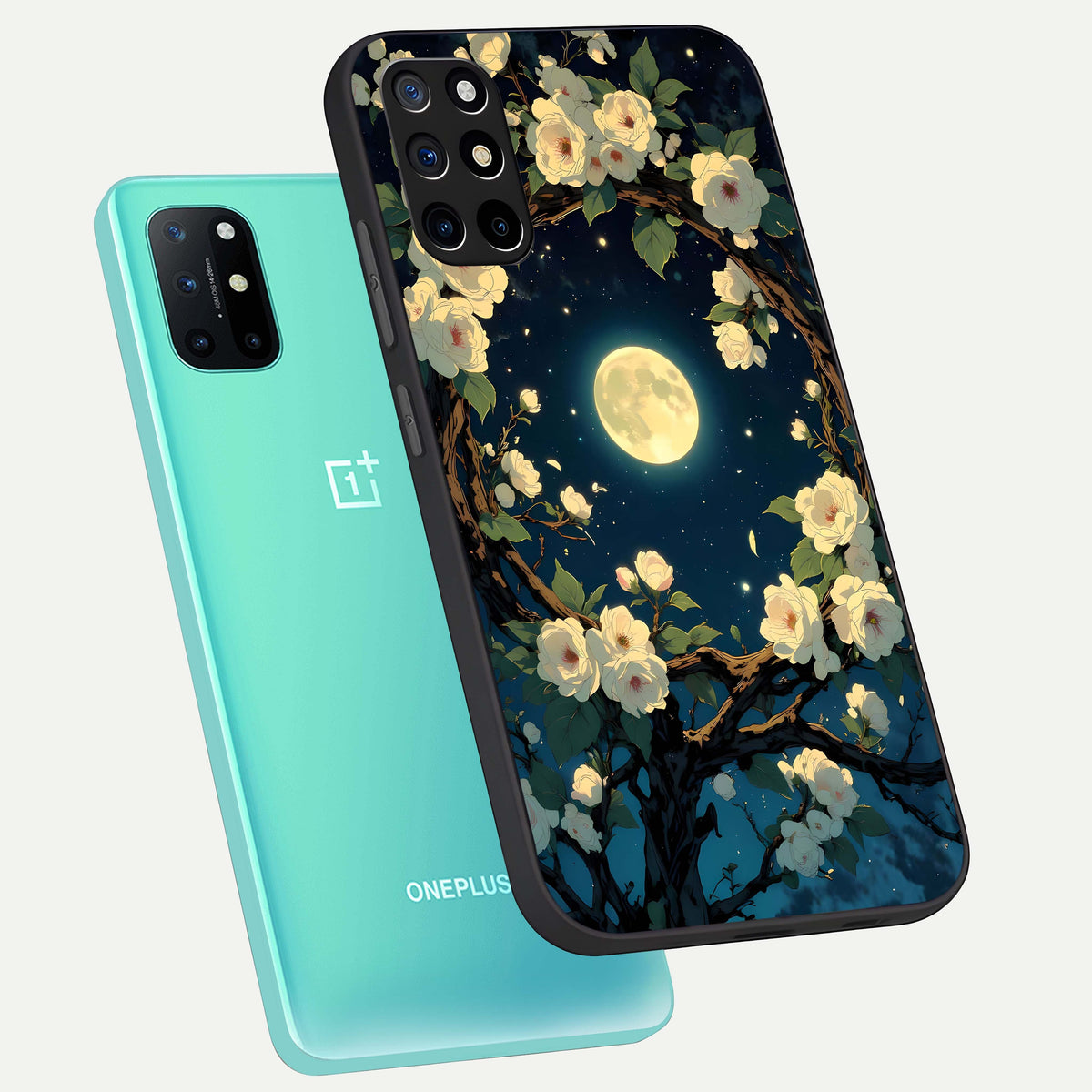  Celestial Moon And Flower phone case For OnePlus 8T showing premium glass back cover with detailed artwork