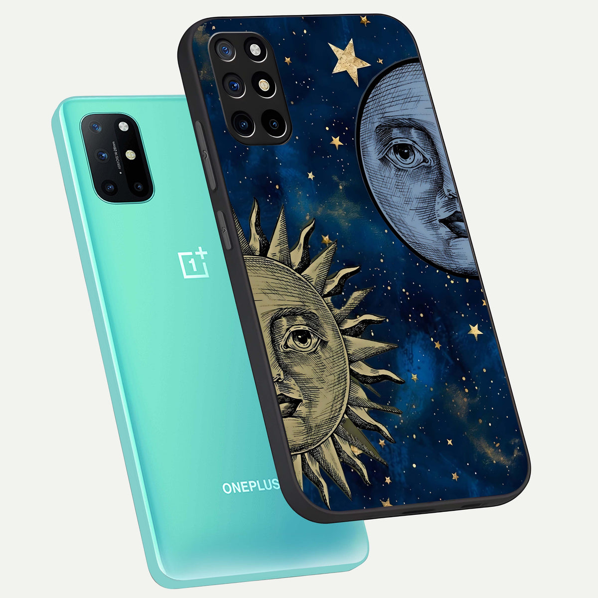  Celestial Moon With Sun phone case For OnePlus 8T showing premium glass back cover with detailed artwork