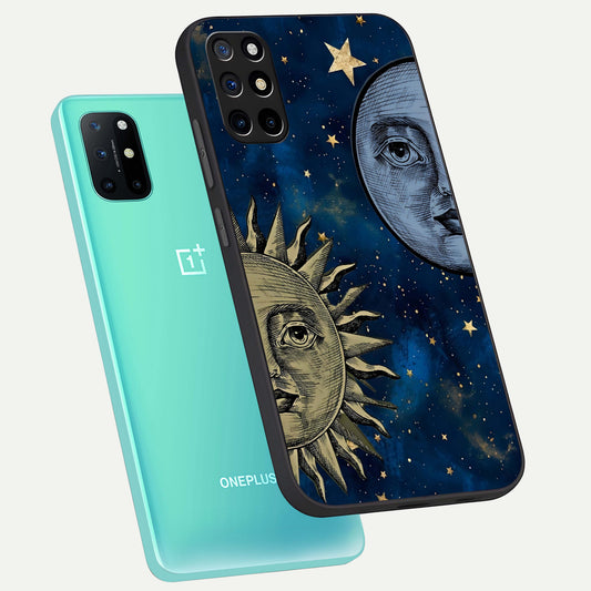  Celestial Moon With Sun phone case For OnePlus 8T showing premium glass back cover with detailed artwork