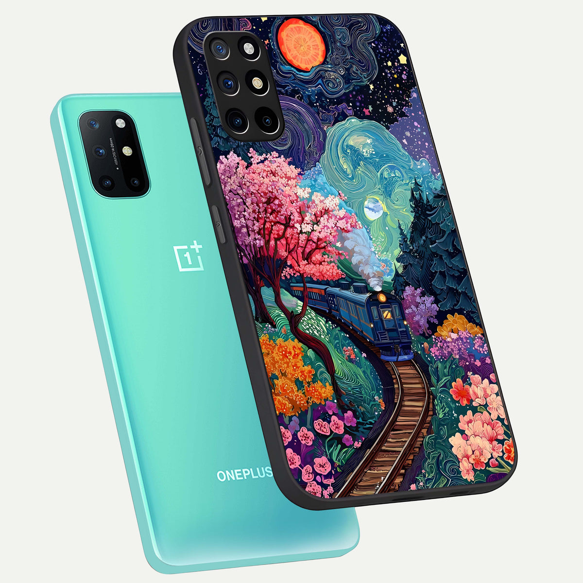  Celestial Train Journey phone case For OnePlus 8T showing premium glass back cover with detailed artwork