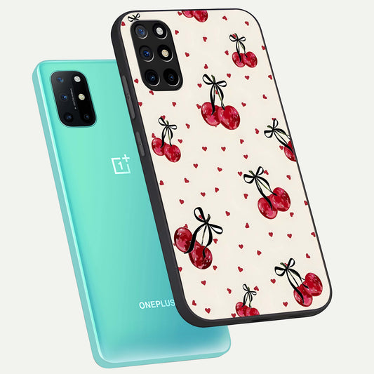  Cherry Heart Bow phone case For OnePlus 8T showing premium glass back cover with detailed artwork