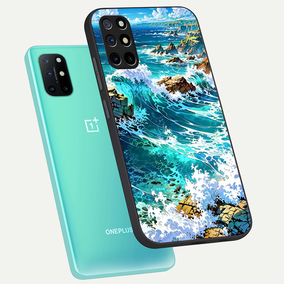  Coastal Blue Waves phone case For OnePlus 8T showing premium glass back cover with detailed artwork