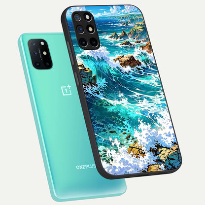  Coastal Blue Waves phone case For OnePlus 8T showing premium glass back cover with detailed artwork