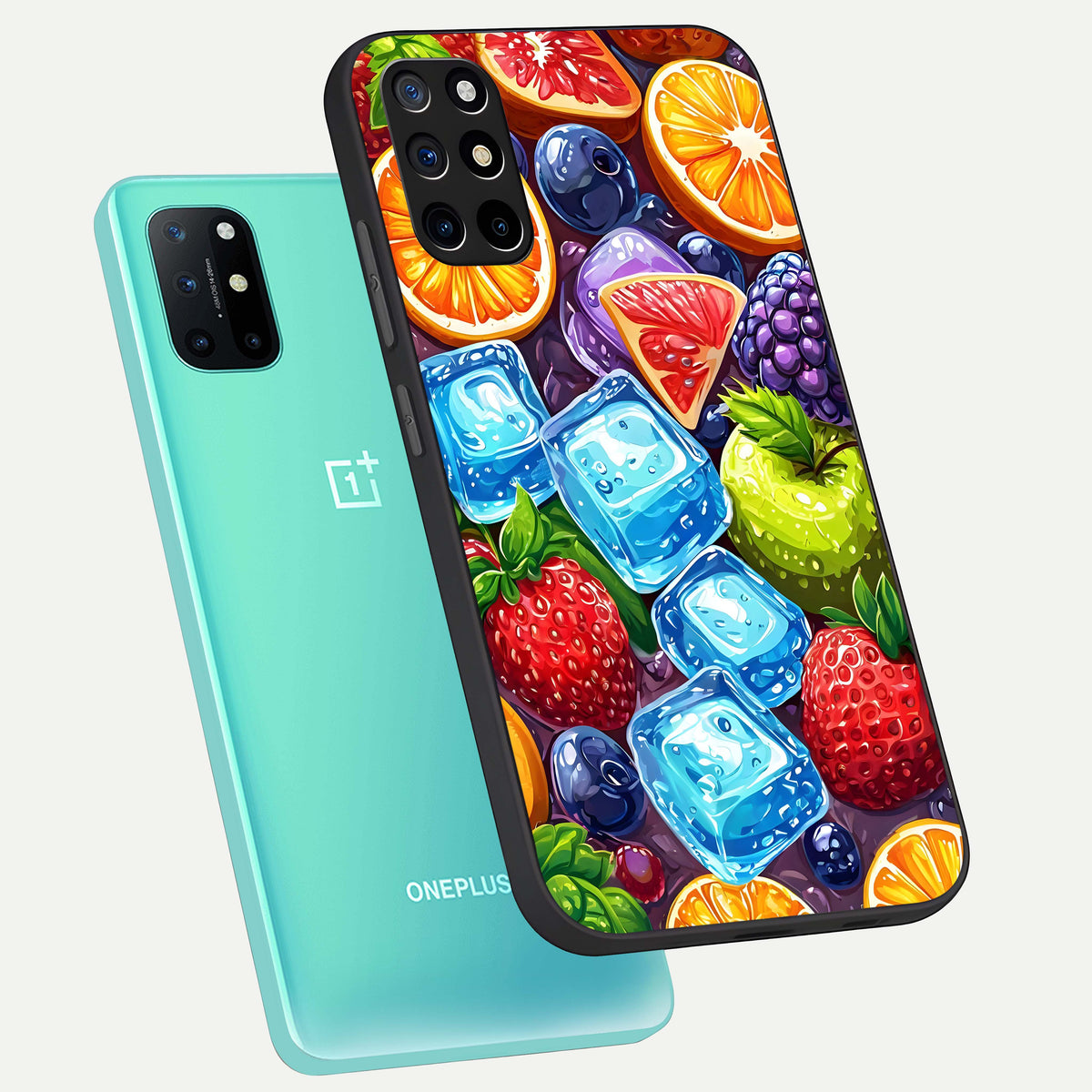  Colorful Fruits with Ice phone case For OnePlus 8T showing premium glass back cover with detailed artwork