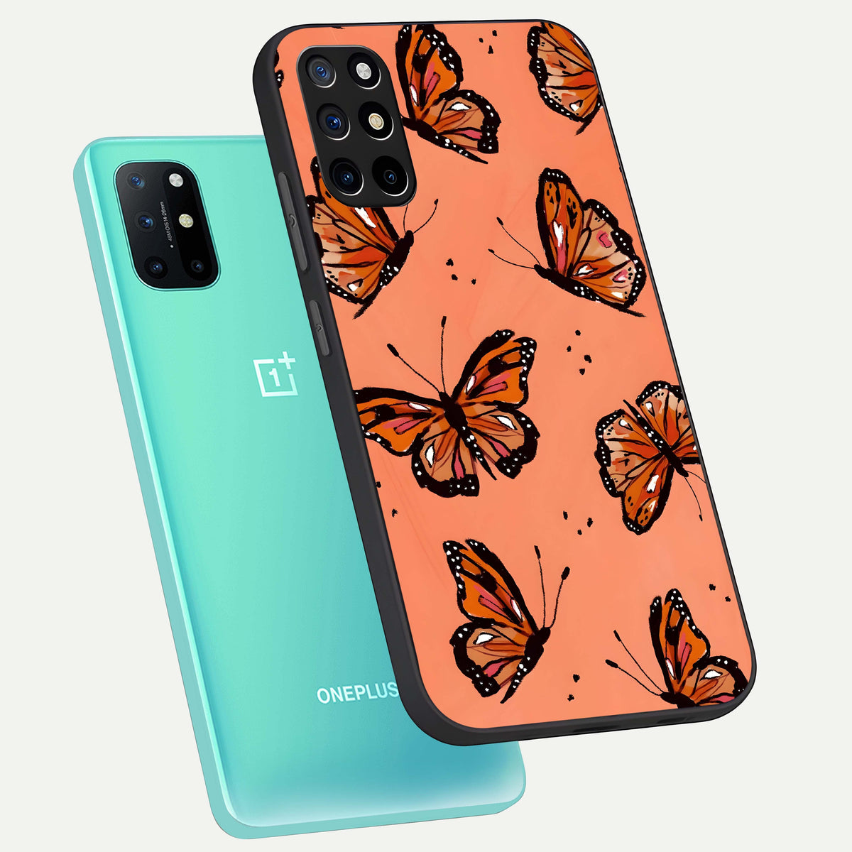  Coral Wing Butterfly phone case For OnePlus 8T showing premium glass back cover with detailed artwork