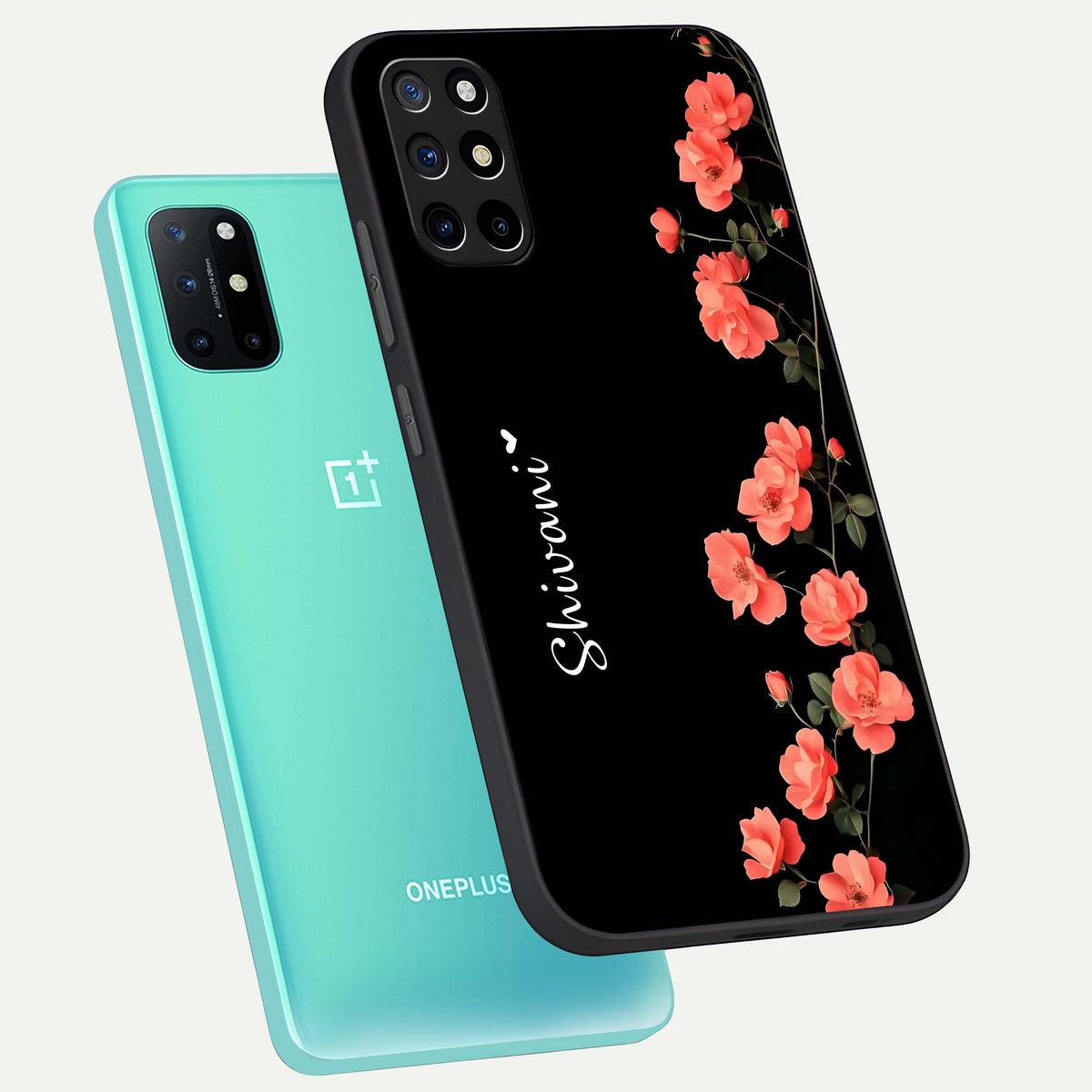  Crimson Bloom Grace Custom Name phone case For OnePlus 8T showing premium glass back cover with detailed artwork