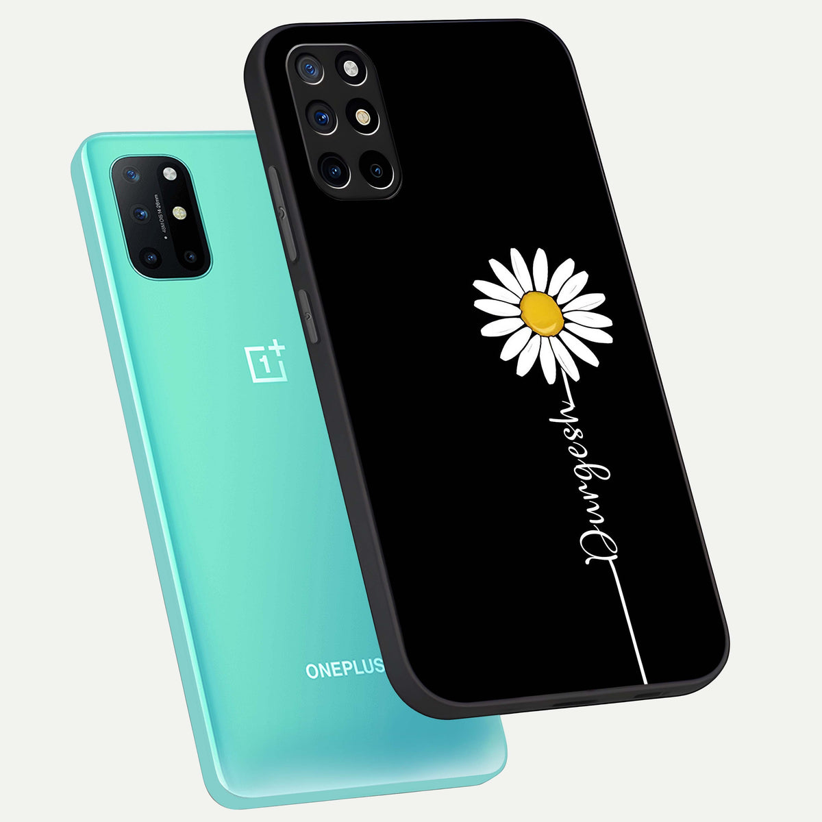  Custom Name White Flower phone case For OnePlus 8T showing premium glass back cover with detailed artwork