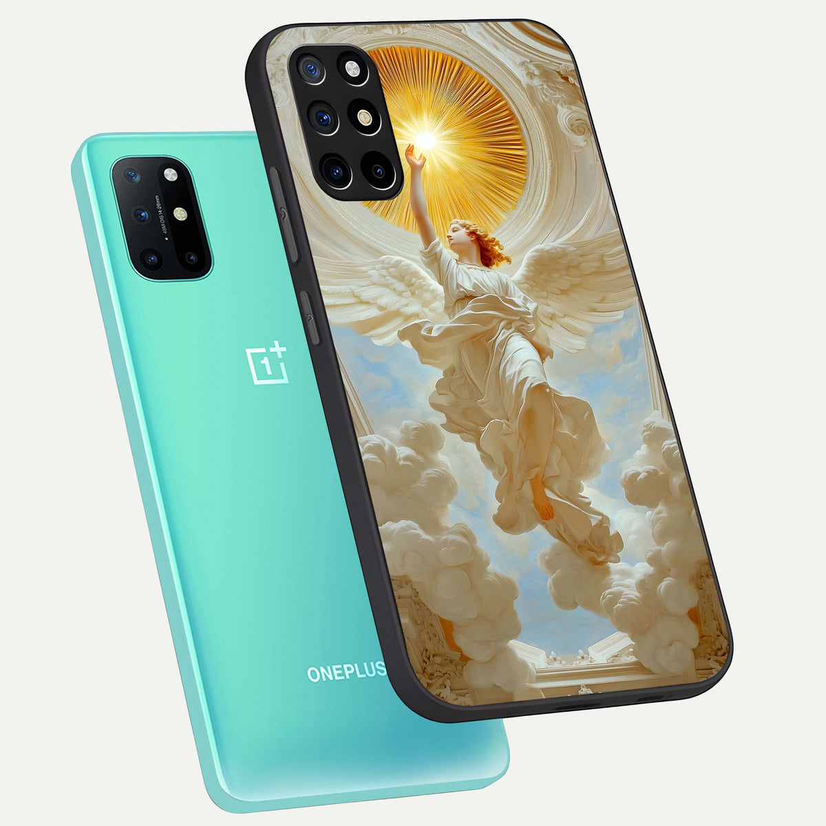  Divine Light Angel phone case For OnePlus 8T showing premium glass back cover with detailed artwork