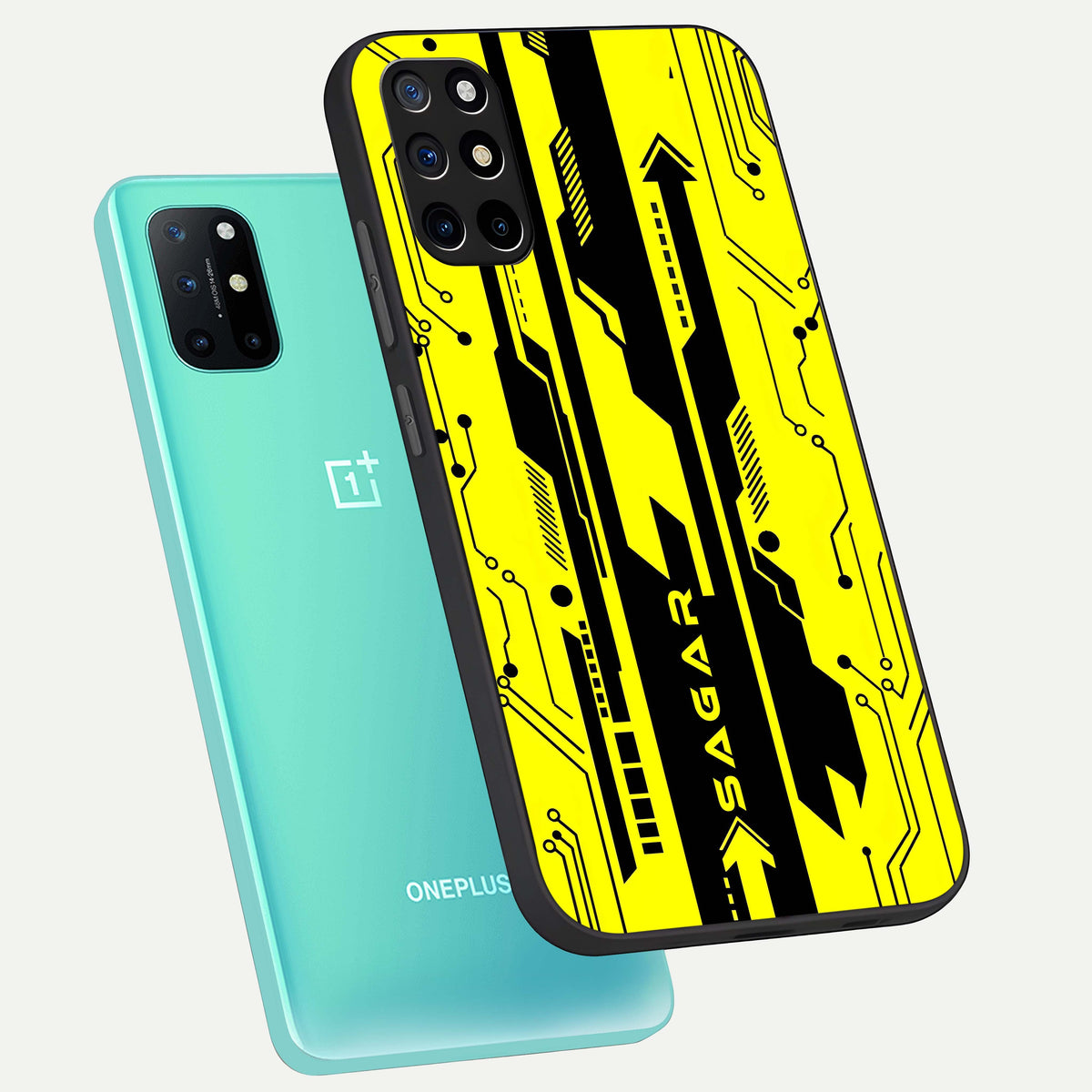  Electric Pulse CYBERPUNK Custom Name phone case For OnePlus 8T showing premium glass back cover with detailed artwork