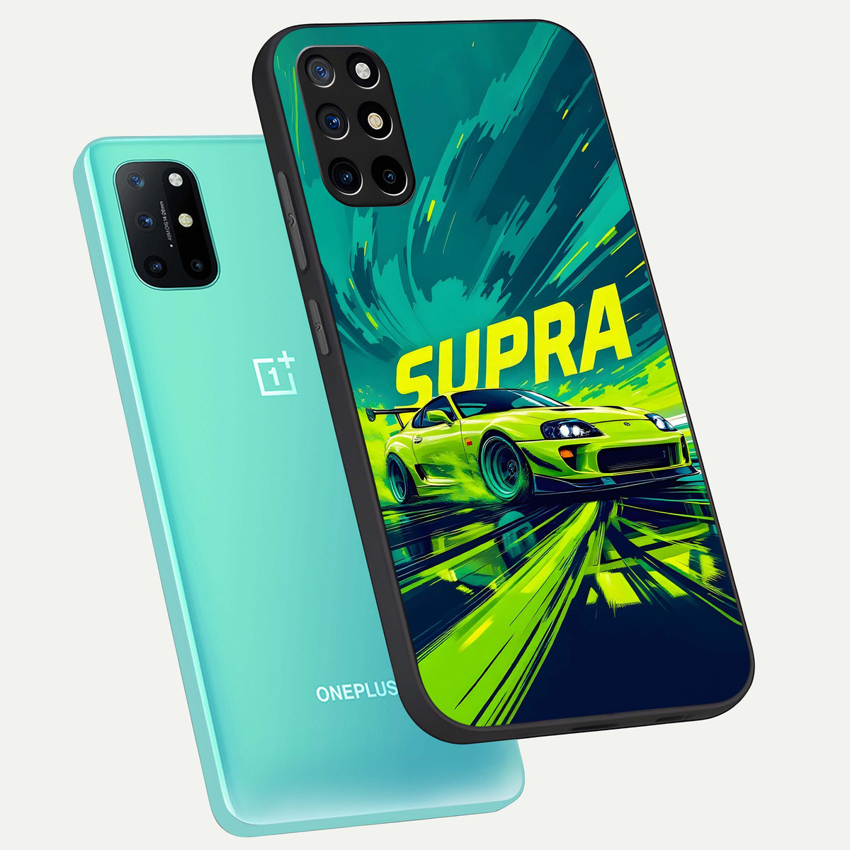  Electric Supra Thunder phone case For OnePlus 8T showing premium glass back cover with detailed artwork