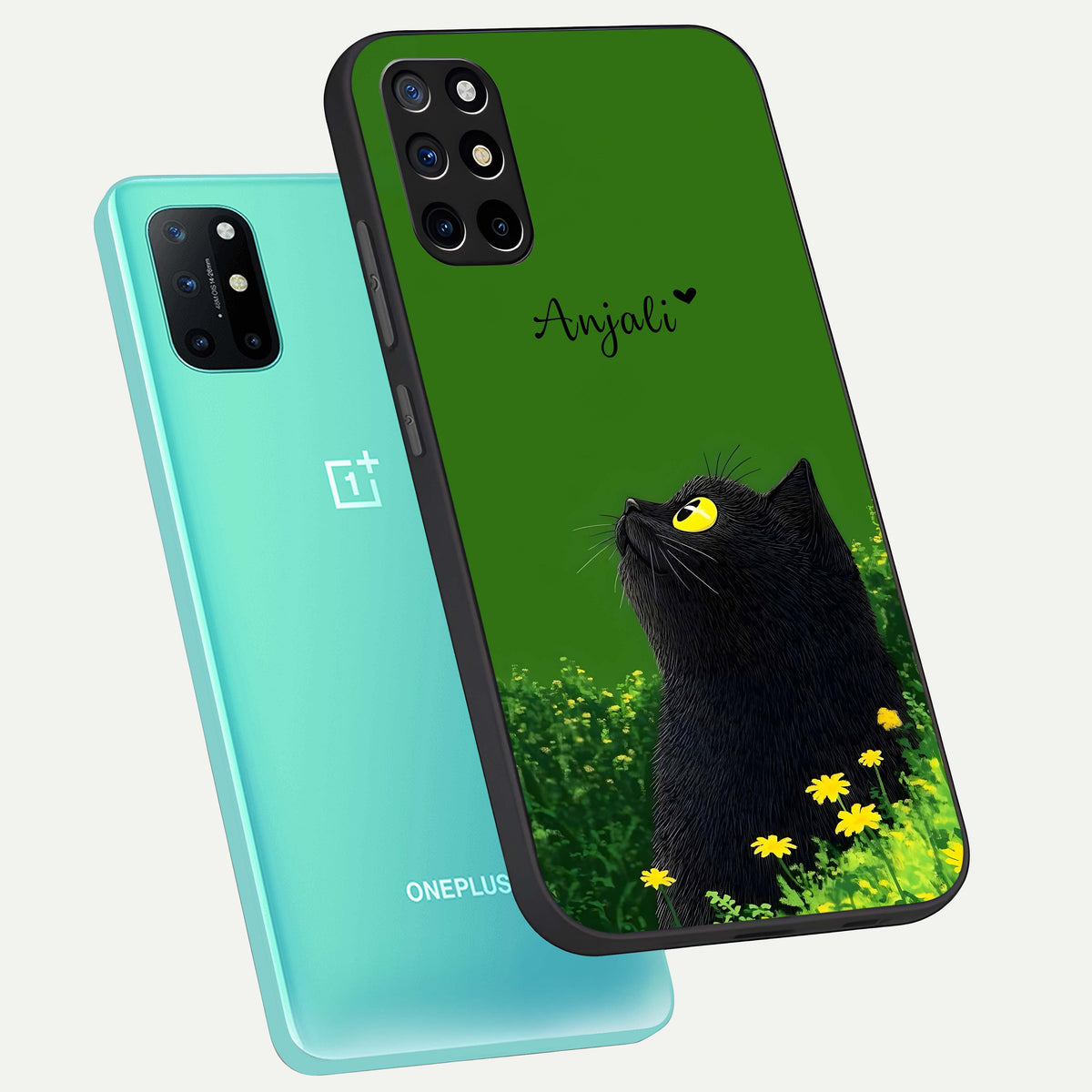  Emerald Cat Custom Name phone case For OnePlus 8T showing premium glass back cover with detailed artwork