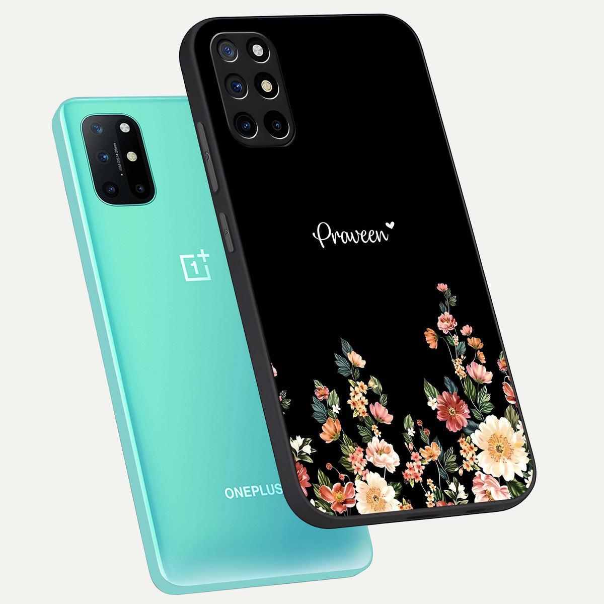  Floral Design Personalized Custom Name phone case For OnePlus 8T showing premium glass back cover with detailed artwork