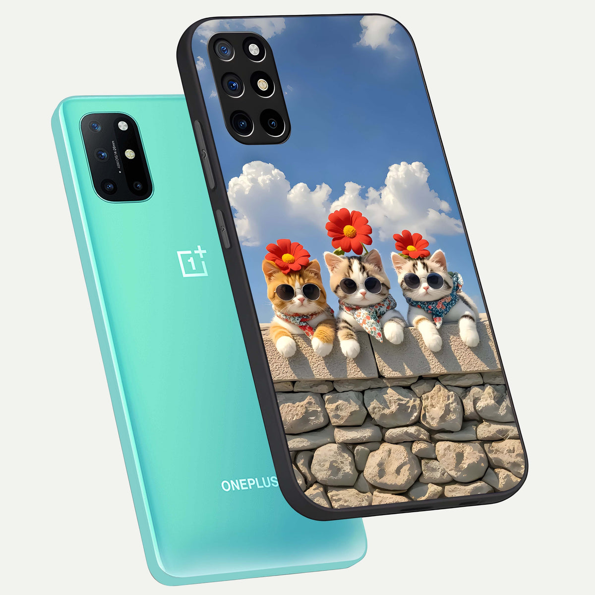  Floral Kitty Squad phone case For OnePlus 8T showing premium glass back cover with detailed artwork