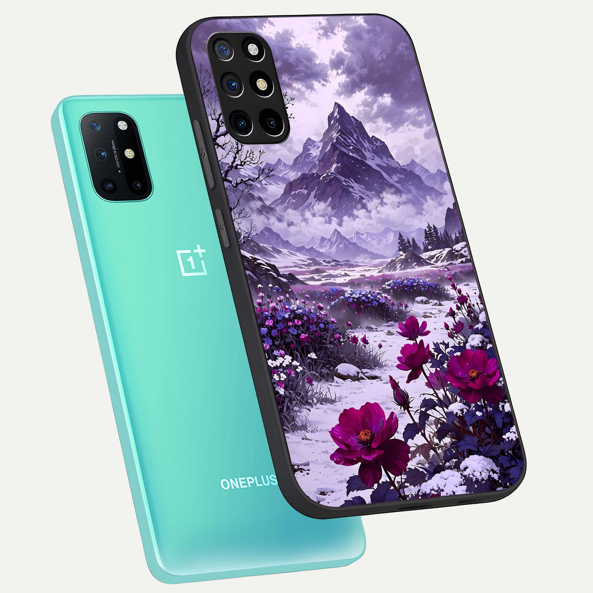  Flower Mountain View phone case For OnePlus 8T showing premium glass back cover with detailed artwork