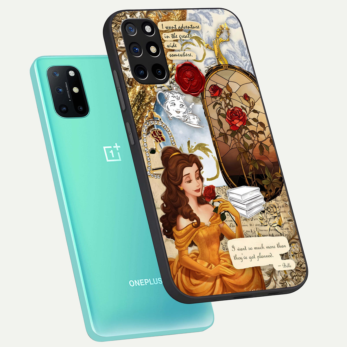  Golden Dream Belle phone case For OnePlus 8T showing premium glass back cover with detailed artwork