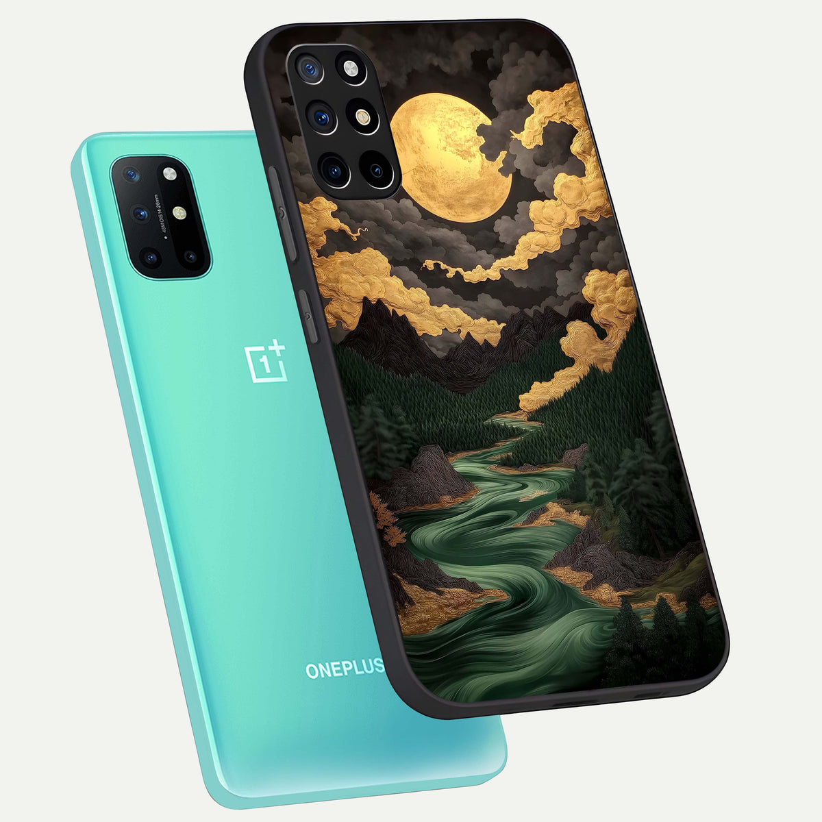  Golden River Moon phone case For OnePlus 8T showing premium glass back cover with detailed artwork