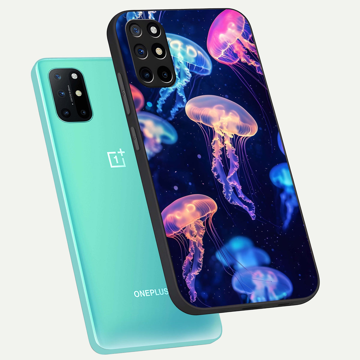  Jellyfish Pattern phone case For OnePlus 8T showing premium glass back cover with detailed artwork
