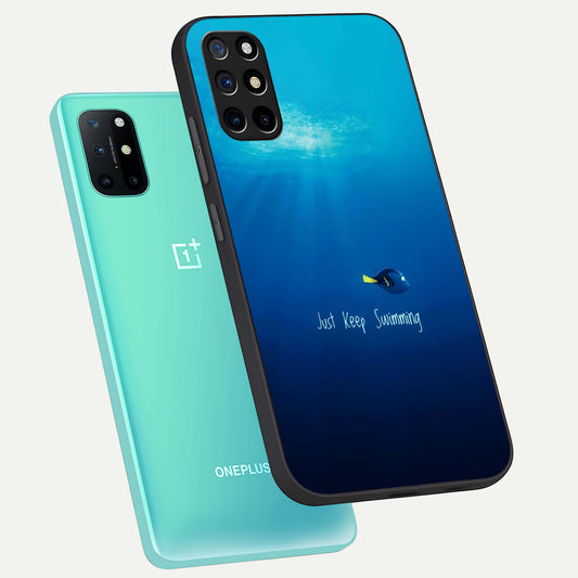  Just Keep Swimming phone case For OnePlus 8T showing premium glass back cover with detailed artwork