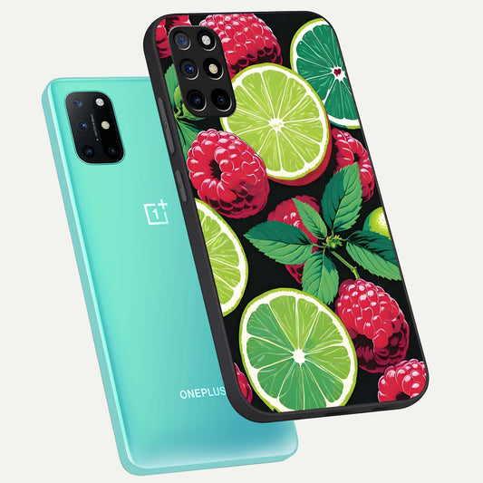  Lime and Raspberry Pattern phone case For OnePlus 8T showing premium glass back cover with detailed artwork