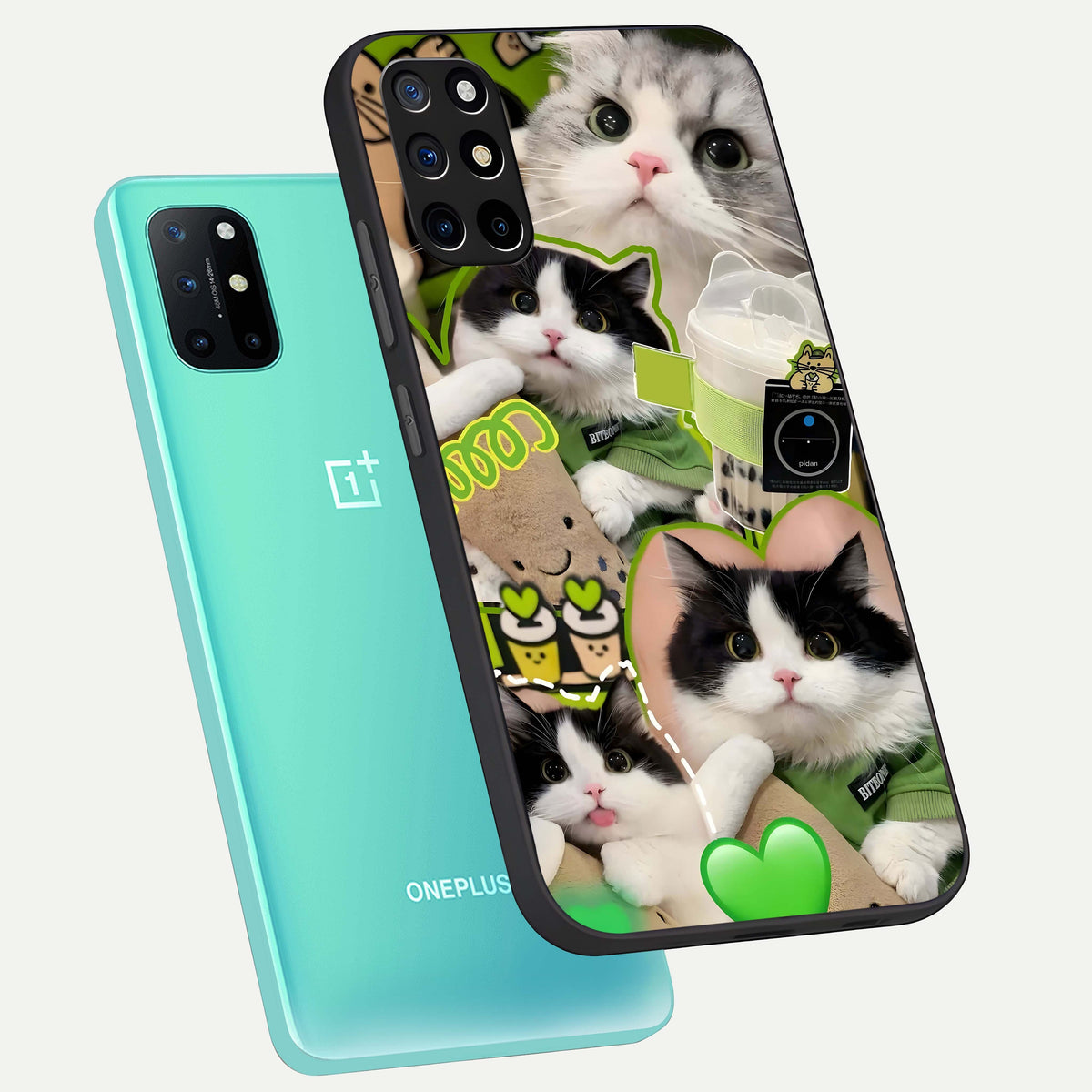  Matcha Cats Mood phone case For OnePlus 8T showing premium glass back cover with detailed artwork