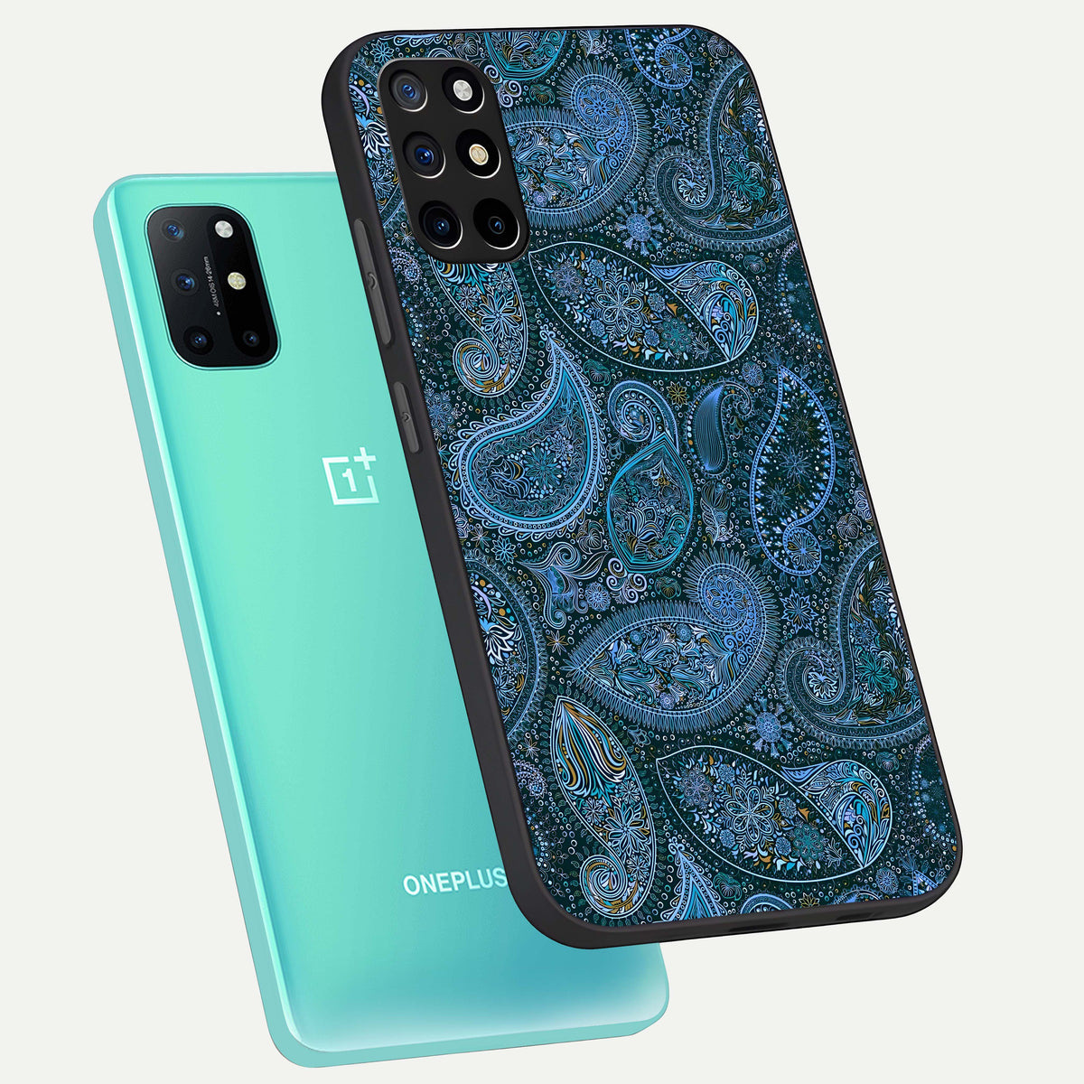  Midnight Paisley Glow phone case For OnePlus 8T showing premium glass back cover with detailed artwork