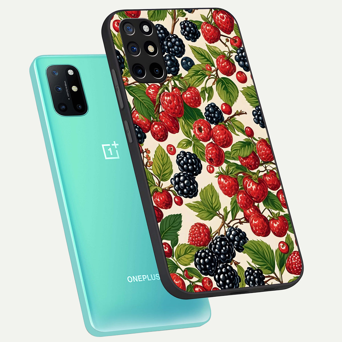  Mixed Berry Collage phone case For OnePlus 8T showing premium glass back cover with detailed artwork