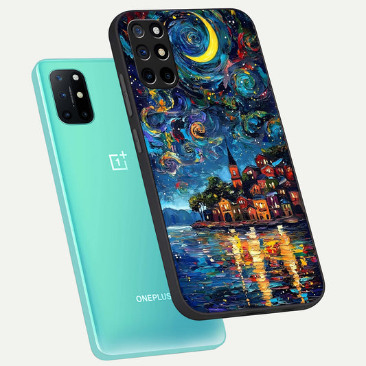  Moonlight Harbor Glow phone case For OnePlus 8T showing premium glass back cover with detailed artwork