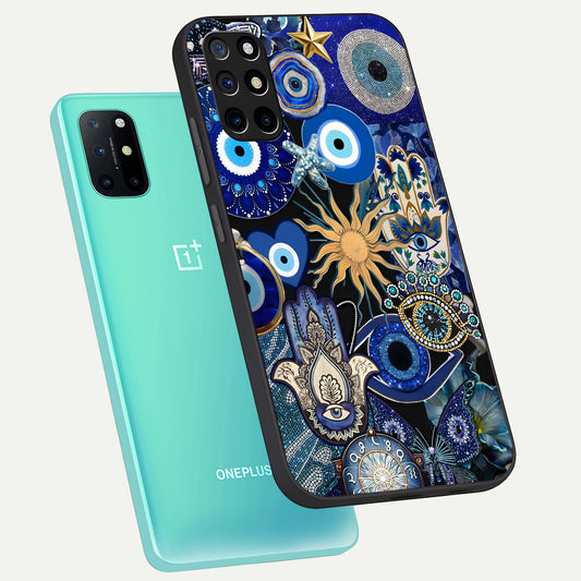  Mystic Blue Evil Eye phone case For OnePlus 8T showing premium glass back cover with detailed artwork