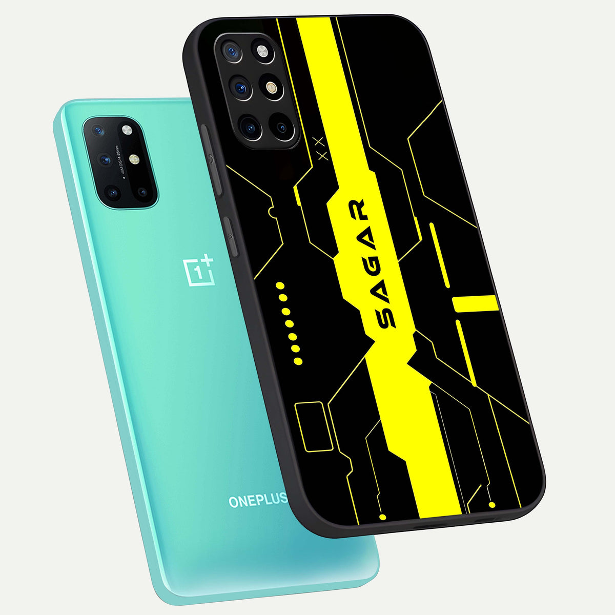  Neon CYBERPUNK Custom Name phone case For OnePlus 8T showing premium glass back cover with detailed artwork