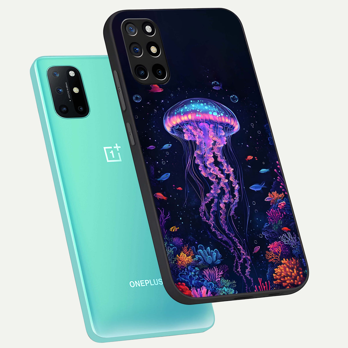  Neon Jellyfish phone case For OnePlus 8T showing premium glass back cover with detailed artwork