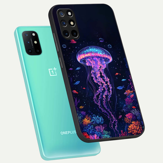  Neon Jellyfish phone case For OnePlus 8T showing premium glass back cover with detailed artwork