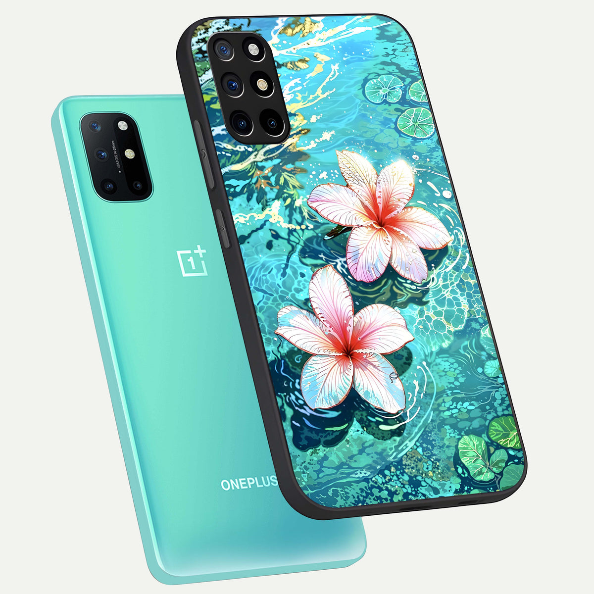  Pink Flowers in Water phone case For OnePlus 8T showing premium glass back cover with detailed artwork