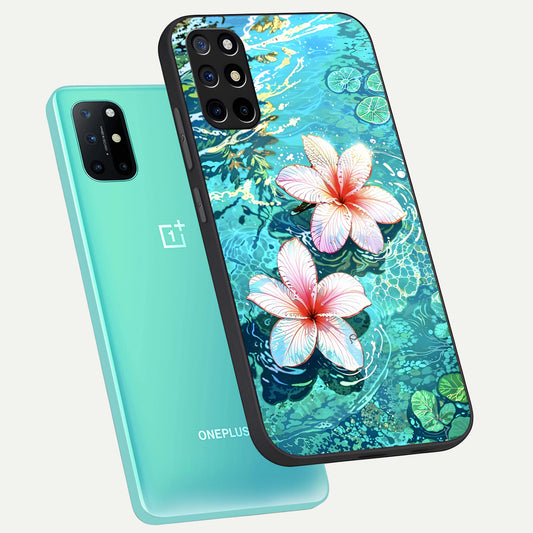  Pink Flowers in Water phone case For OnePlus 8T showing premium glass back cover with detailed artwork