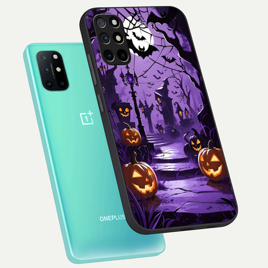  Pumpkin Patch Halloween phone case For OnePlus 8T showing premium glass back cover with detailed artwork